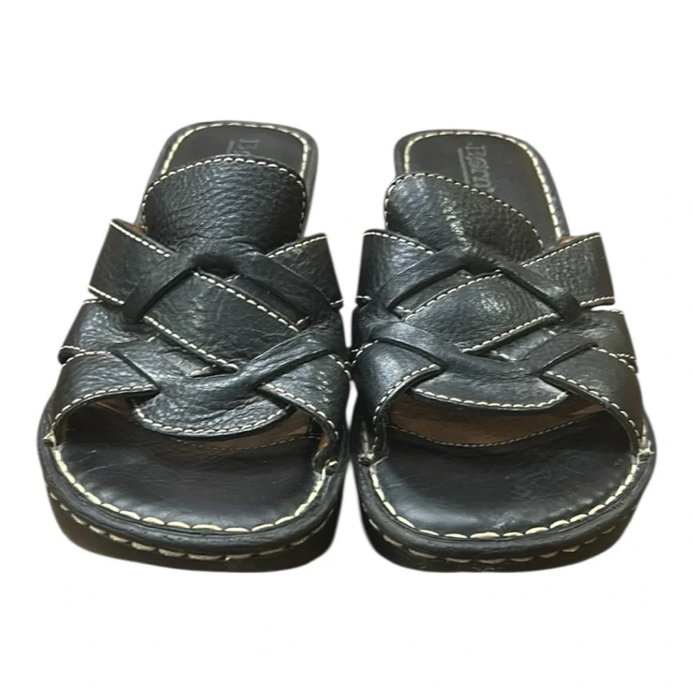Born Folly Slip On Black Learher Wedge Sandals Size 8 - Picture 6 of 11
